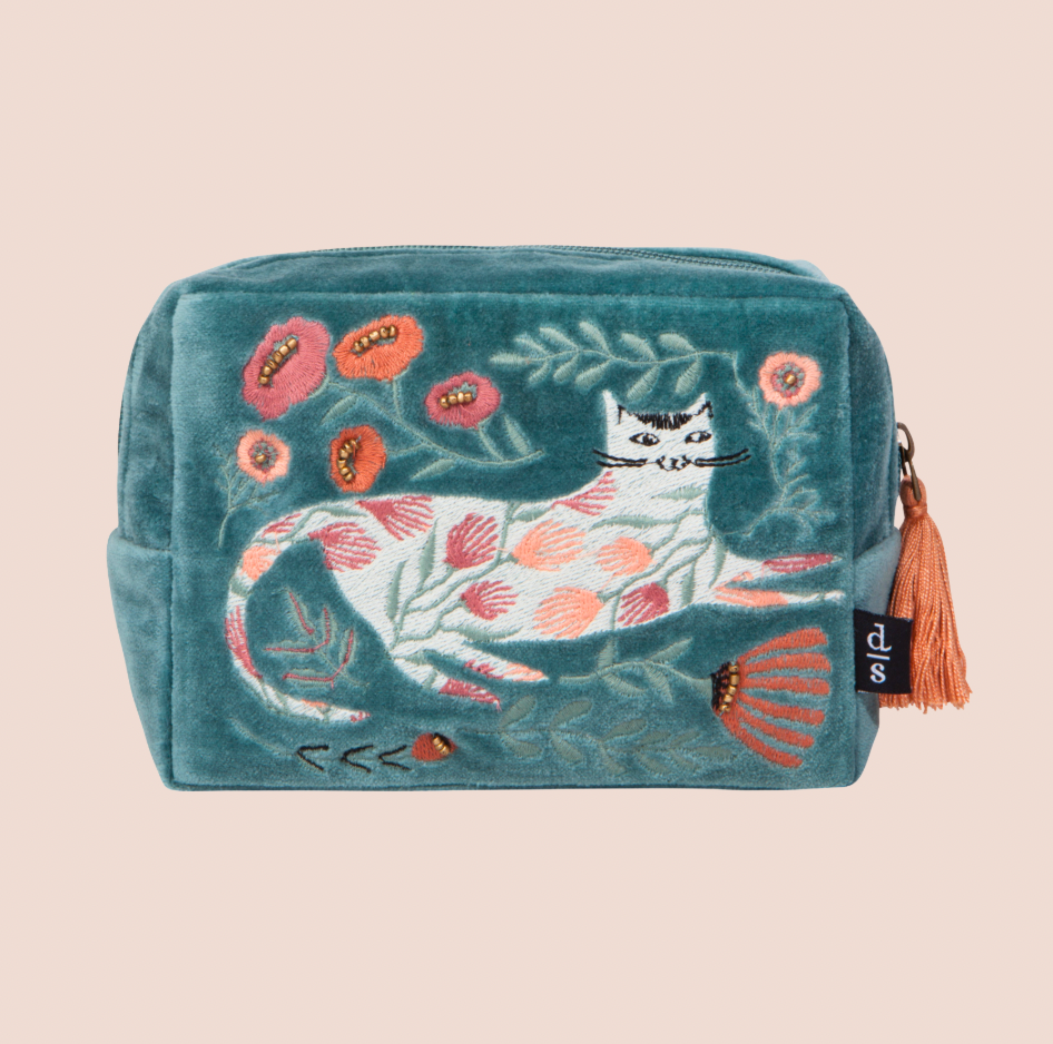 Cat & Blooms Embroidered Zip Pouch