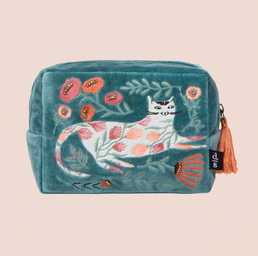 Cat & Blooms Embroidered Zip Pouch
