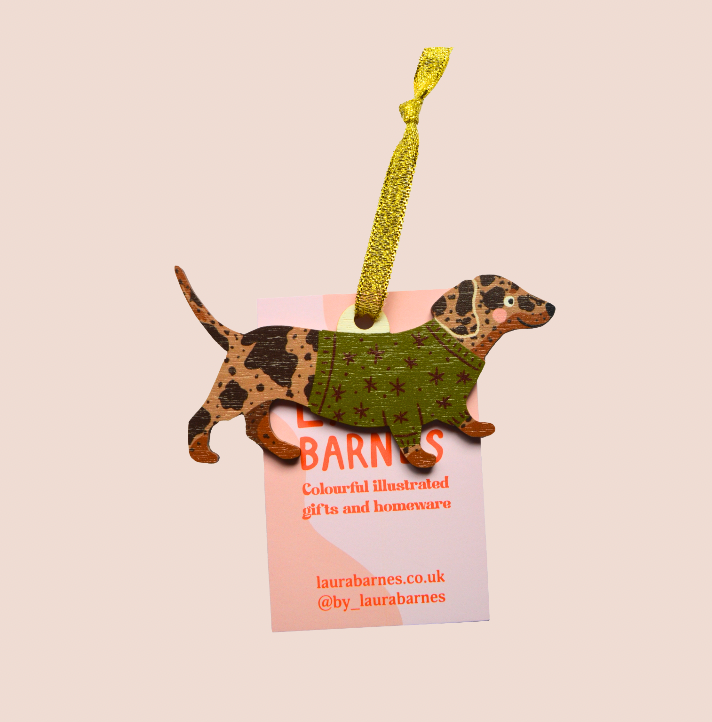 Dapple Sausage Dog - Wooden Tree Decoration