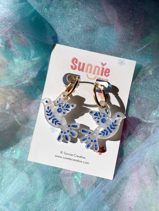 Blue Patterned Dove Handmade Gold Hoop Earrings