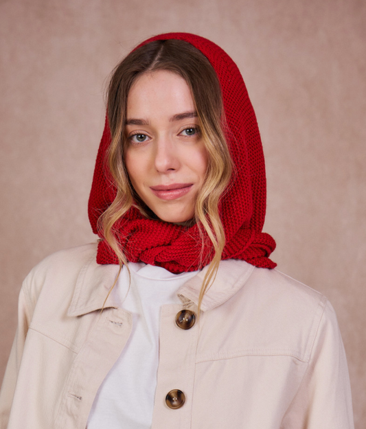 Knitted Hood Scarf in Red