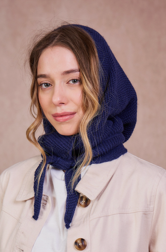 Knitted Hood Scarf in Navy Blue