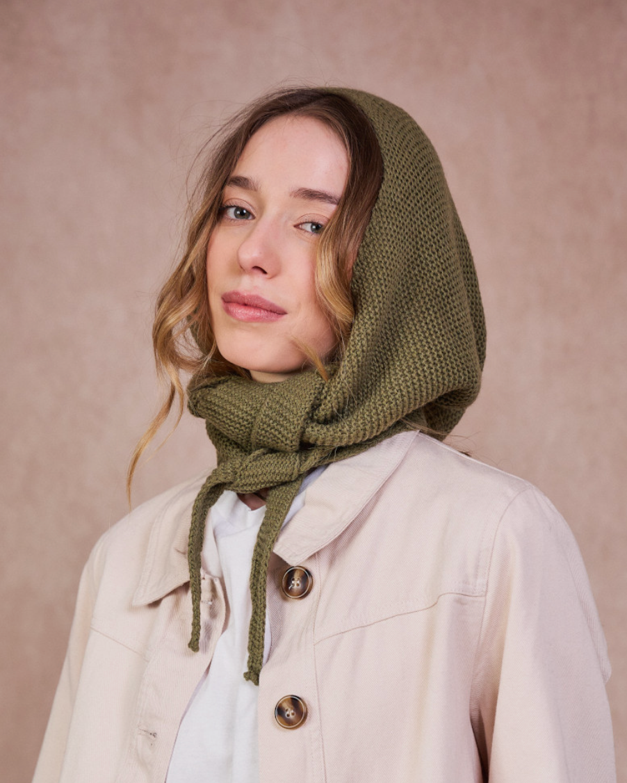 Knitted Hood Scarf in Sage Green