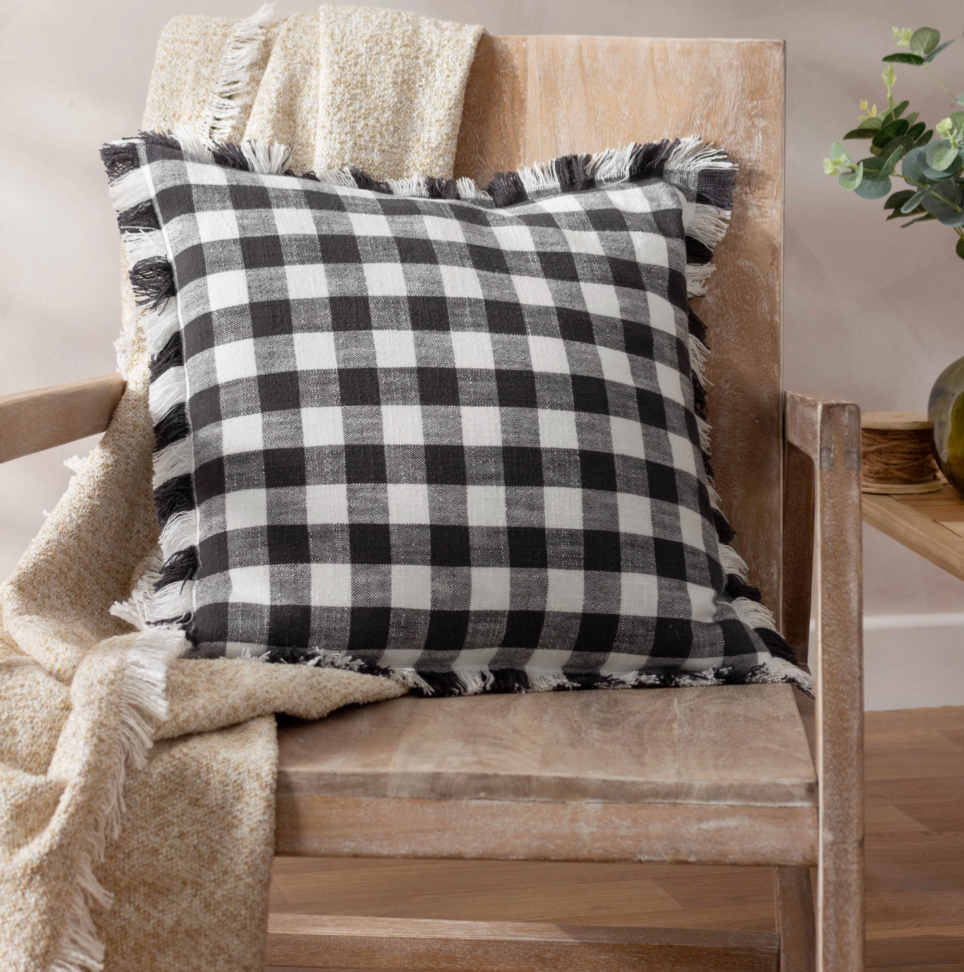 Fringed Cushion Black & White Gingham Check Cushion