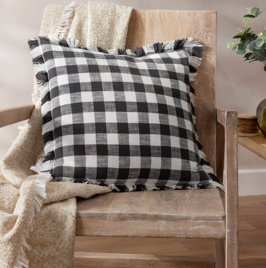 Fringed Cushion Black & White Gingham Check Cushion