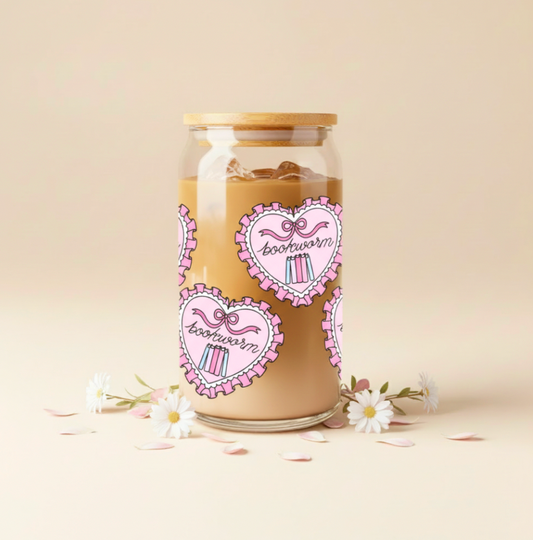 Bookworm Pink Hearts Bookish Iced Coffee Glass 16oz
