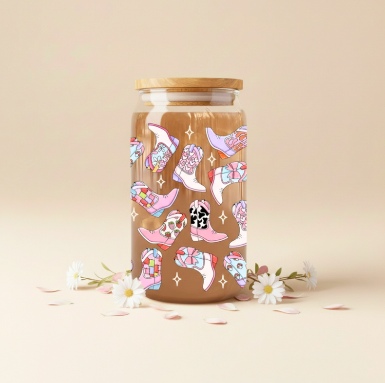 Pink Cowboy Boots Iced Coffee Glass 16oz
