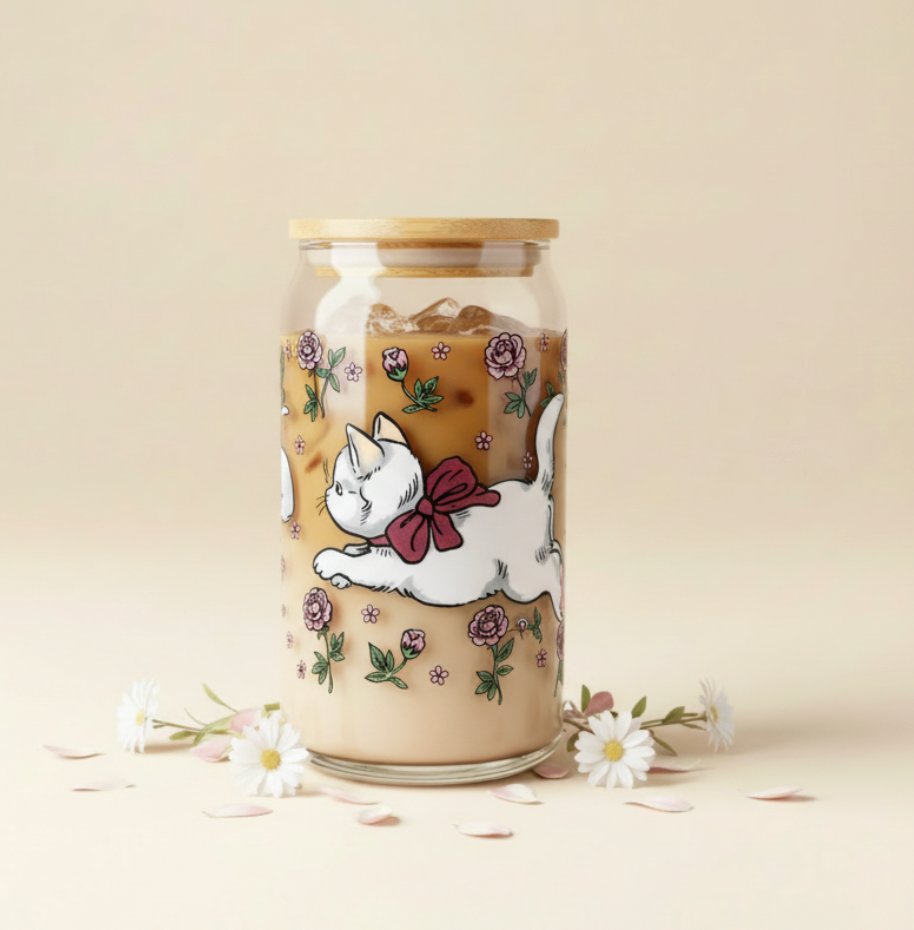Cat & Flowers Iced Coffee Glass 16oz