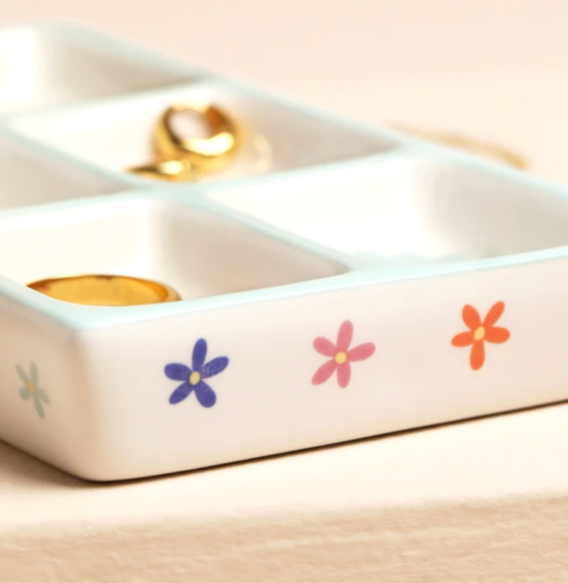 Blue Bow and Floral Ceramic Trinket Tray