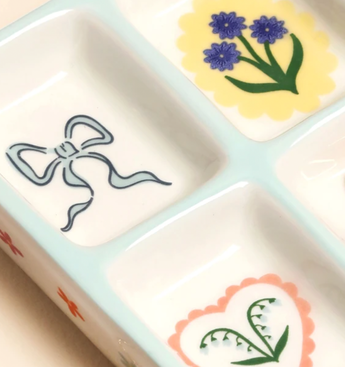 Blue Bow and Floral Ceramic Trinket Tray