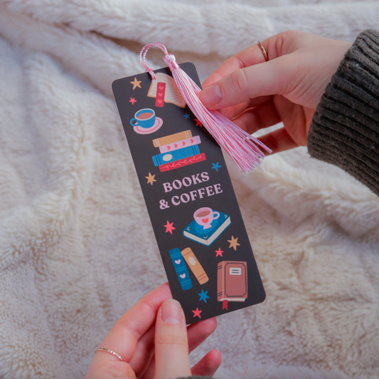 'Books & Coffee' Illustrated Tassel Bookmark