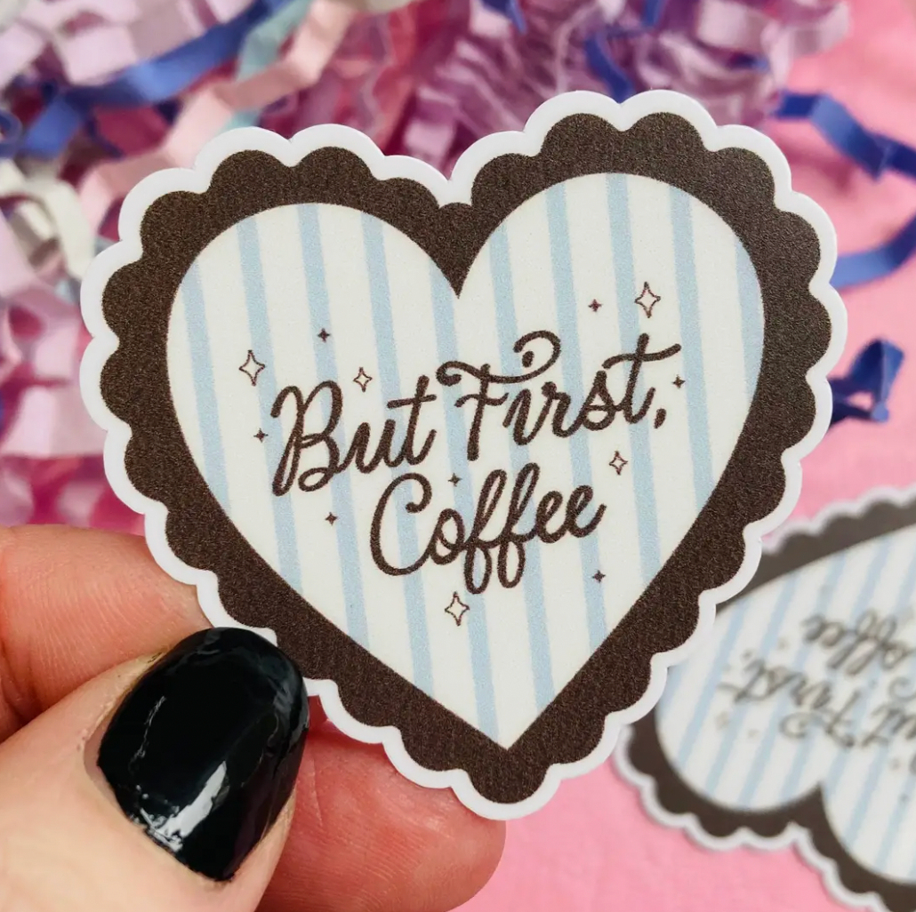 But First Coffee Striped Heart Sticker