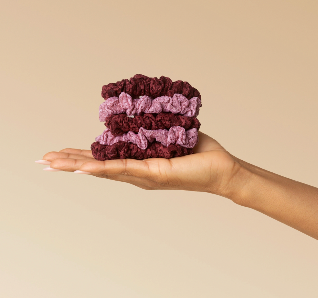 Ruched Lace Scrunchies 5pc Set - Cherry Lacquer & Dusty Pink