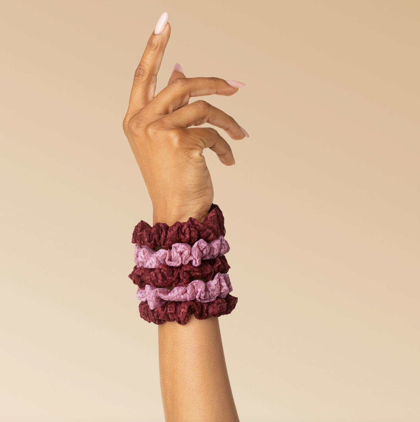 Ruched Lace Scrunchies 5pc Set - Cherry Lacquer & Dusty Pink