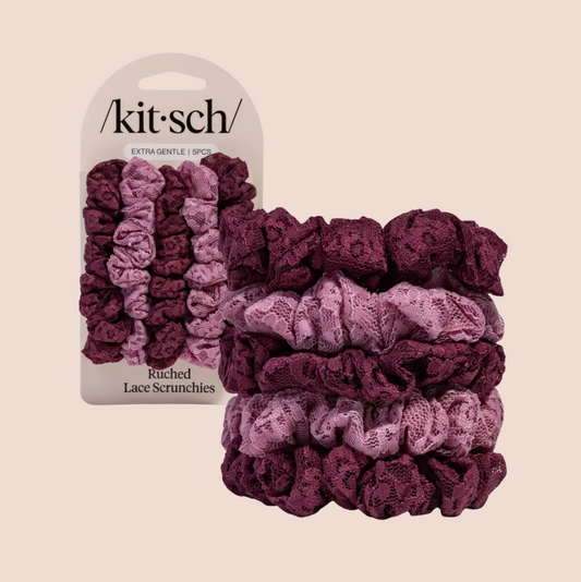 Ruched Lace Scrunchies 5pc Set - Cherry Lacquer & Dusty Pink