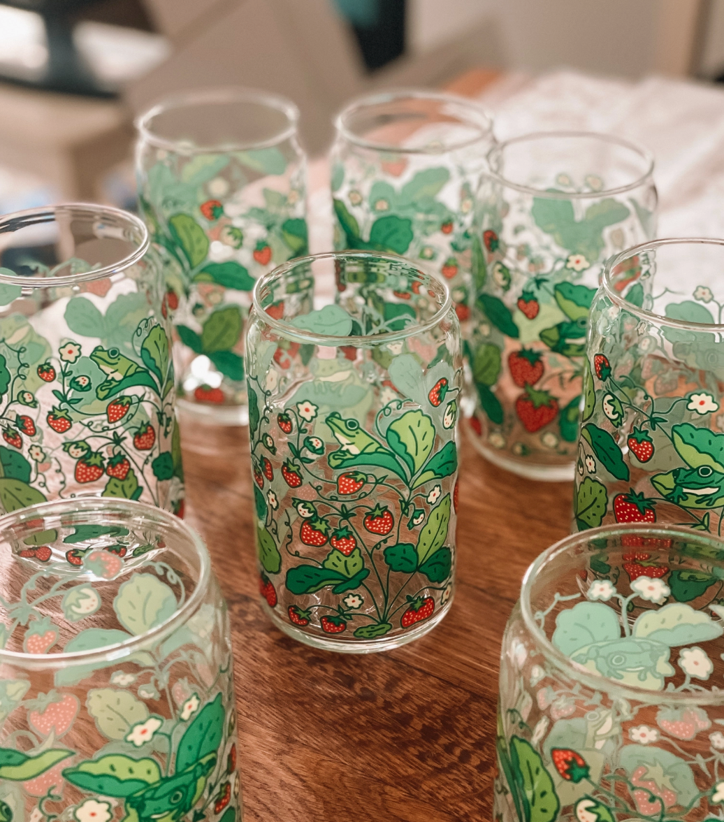 Whimsy Strawberry Frogs Illustrated Iced Coffee Glass 16oz
