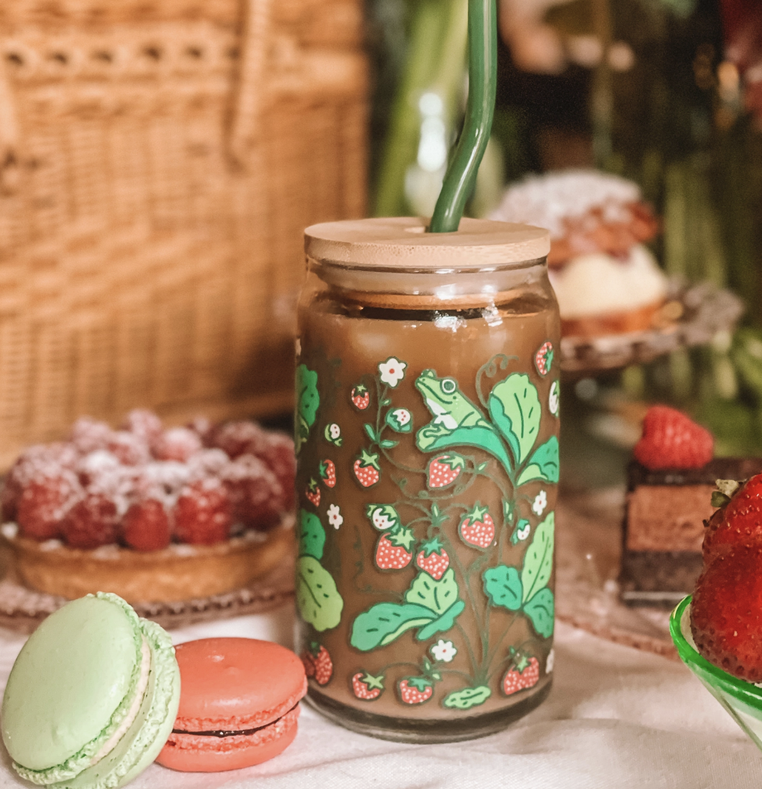 Whimsy Strawberry Frogs Illustrated Iced Coffee Glass 16oz