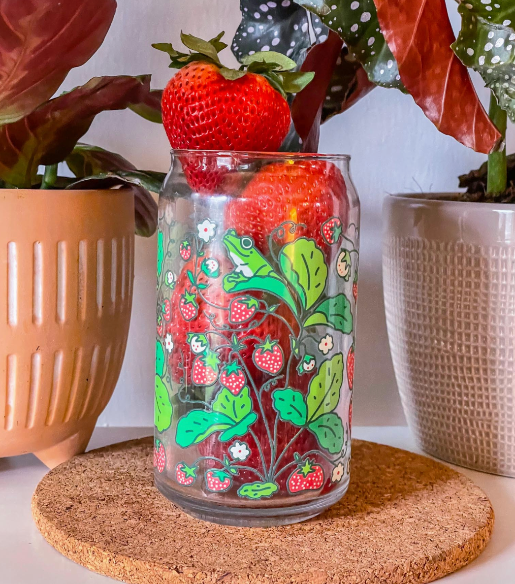 Whimsy Strawberry Frogs Illustrated Iced Coffee Glass 16oz