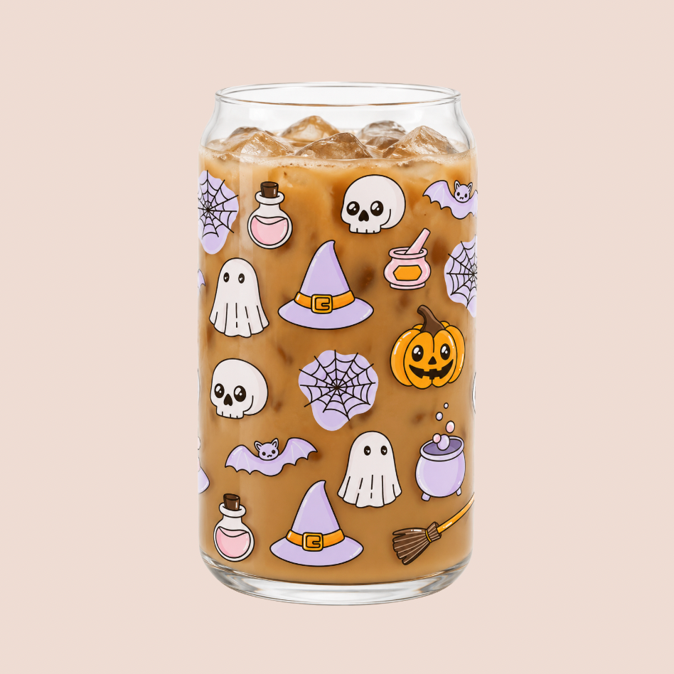 Lilac Halloween Illustrated Iced Coffee Glass 16oz