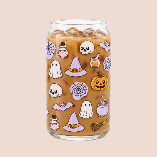 Lilac Halloween Illustrated Iced Coffee Glass 16oz