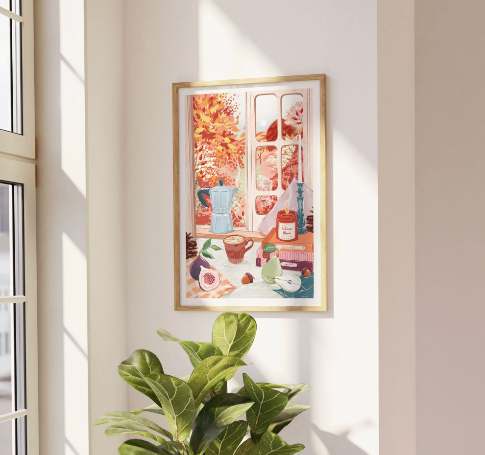 Cosy Autumn Morning Window Scene A3 Print