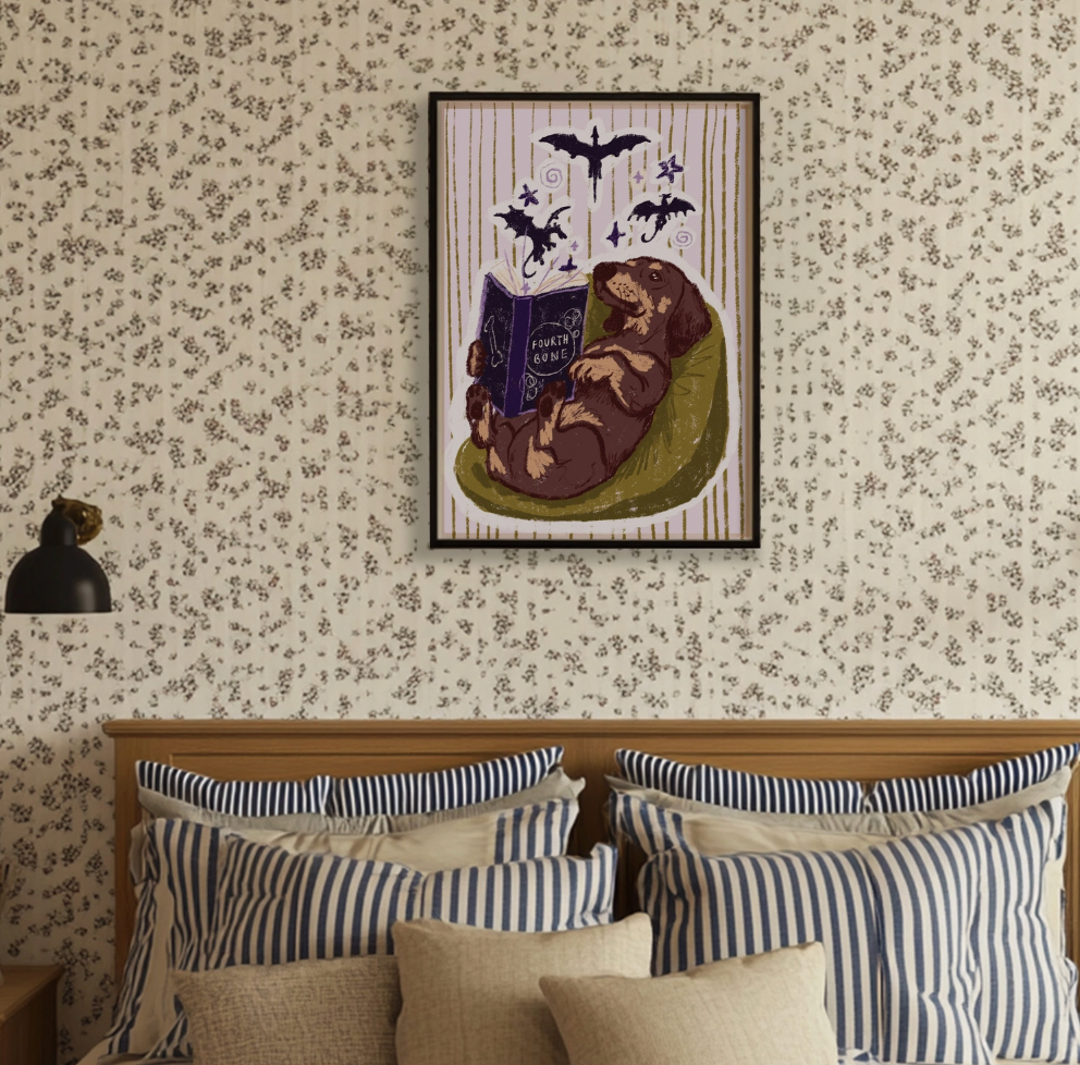 Dachshund Fourth Wing Fantasy Book Lover A4 Print