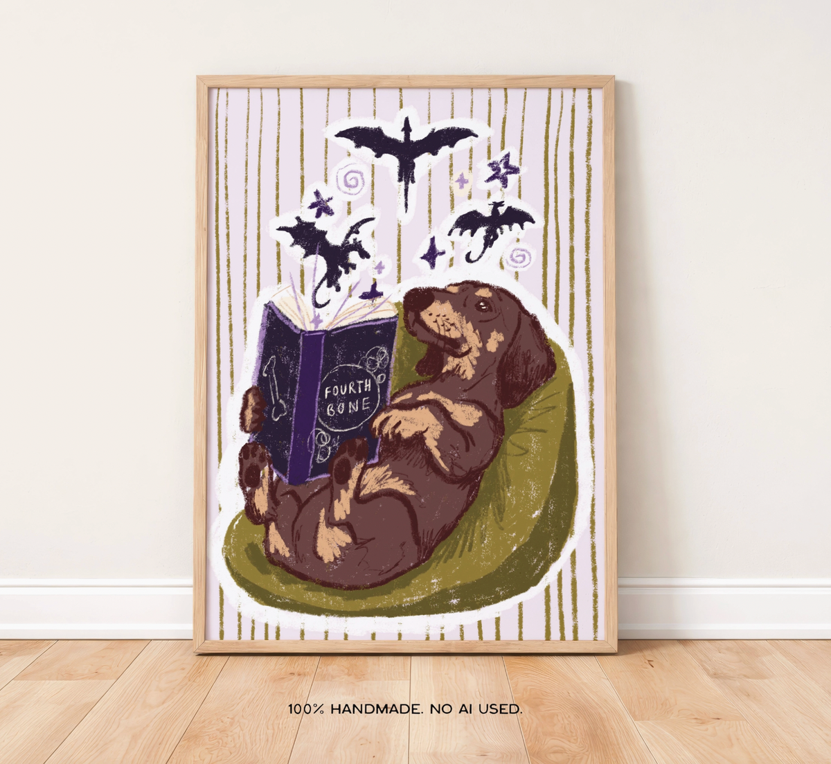 Dachshund Fourth Wing Fantasy Book Lover A4 Print