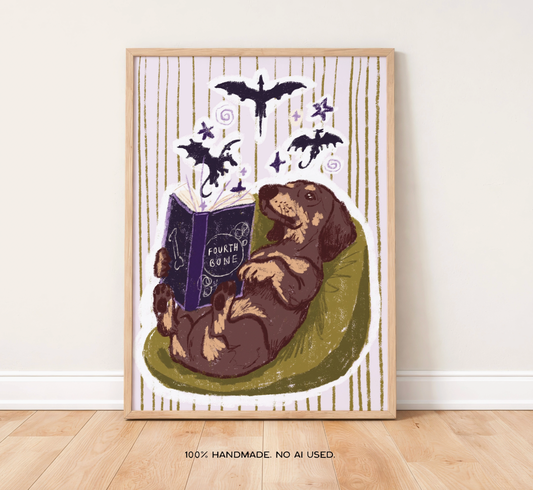 Dachshund Fourth Wing Fantasy Book Lover A4 Print