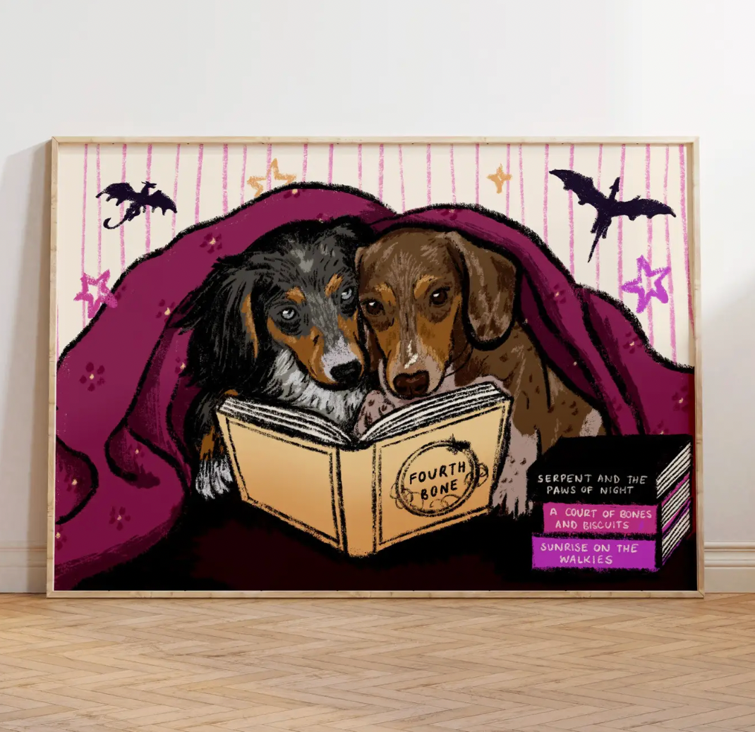 Cosy Dachshunds Fourth Wing Fantasy Reading A4 Print
