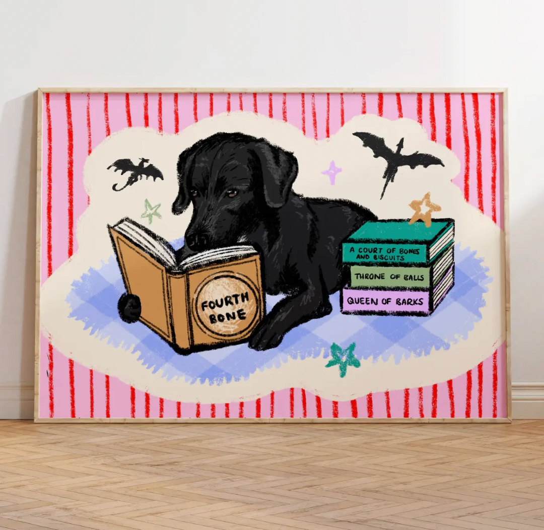 Black Labrador Reading Fourth Wing Bookish A4 Print