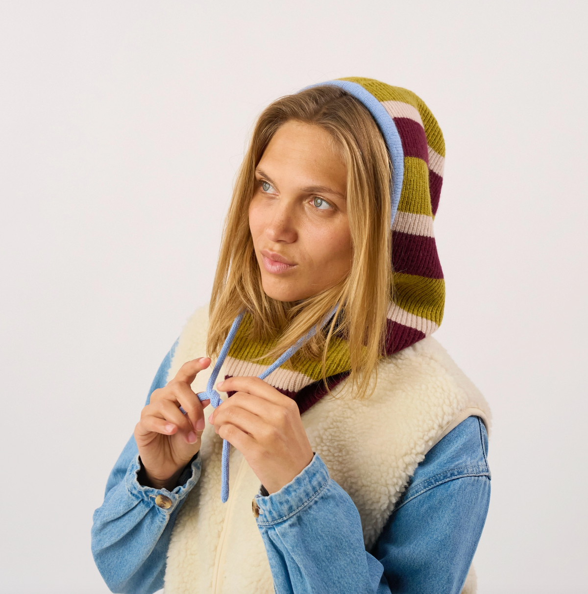 100% Wool Balaclava - Striped, Olive and Wine Red