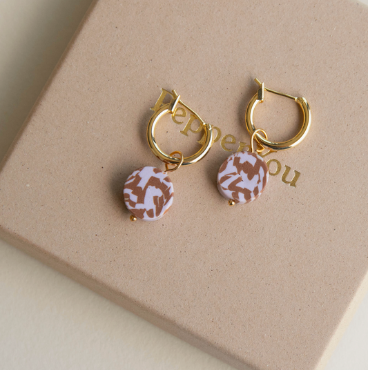 Chocolate + Lilac Handmade Clay Charm Gold Hoop Earrings
