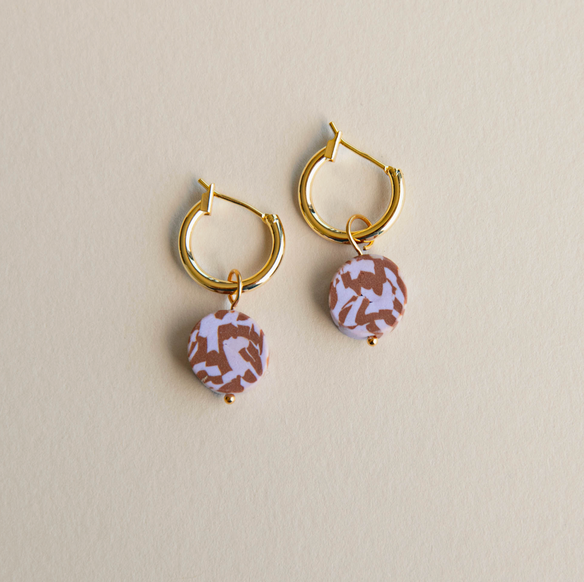 Chocolate + Lilac Handmade Clay Charm Gold Hoop Earrings