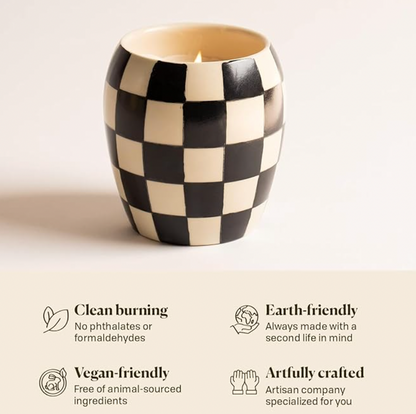 Olive Leaf & Fig Hand Painted Checkerboard Ceramic Candle