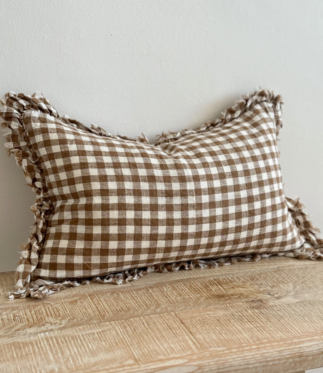 Brown Gingham Linen Ruffle Cushion