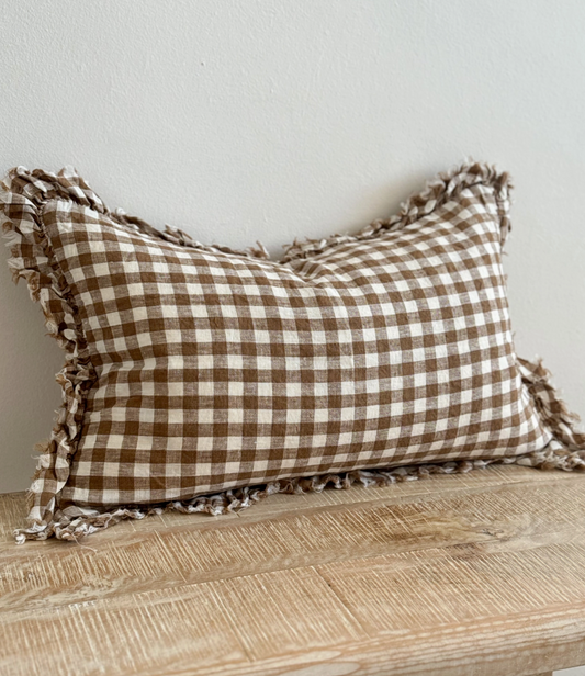 Brown Gingham Linen Ruffle Cushion