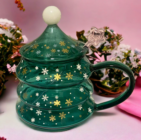 Christmas Tree Glass Mug with Lid & Stirrer