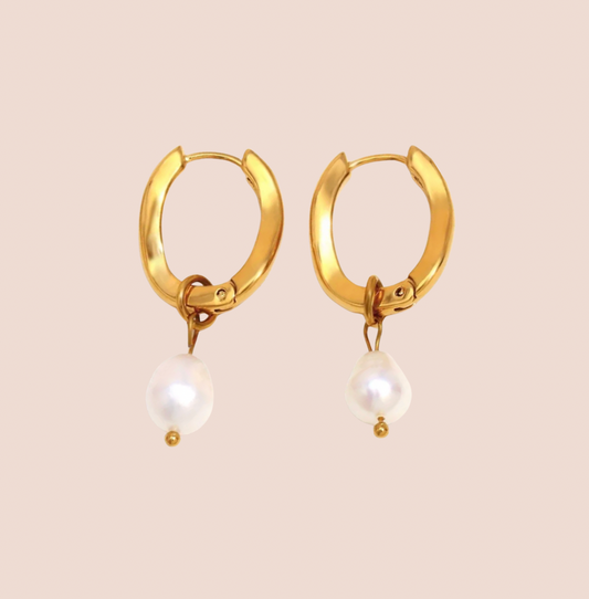 Sienna Pearl Drop Gold Hoop Earrings