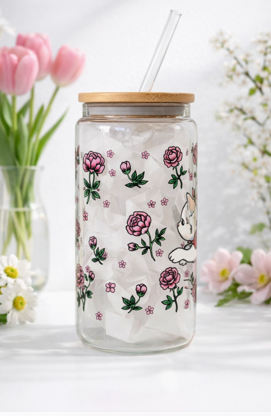 Cat & Flowers Iced Coffee Glass 16oz