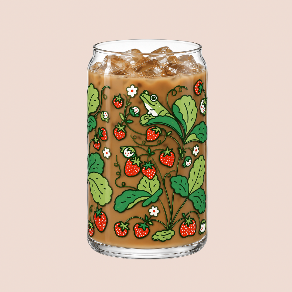 Whimsy Cottagecore Strawberry Frogs Illustrated Iced Coffee Glass 16oz
