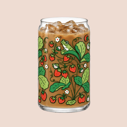 Whimsy Cottagecore Strawberry Frogs Illustrated Iced Coffee Glass 16oz
