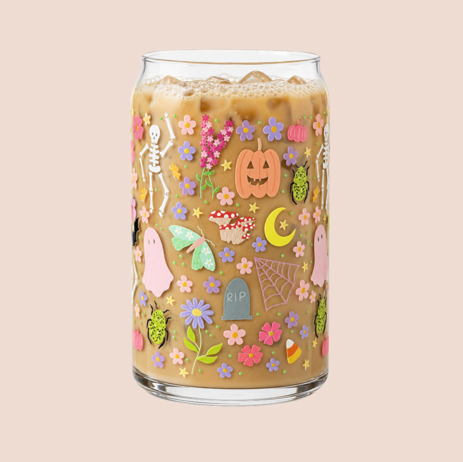Whimsy Halloween Illustrated Iced Coffee Glass 16oz