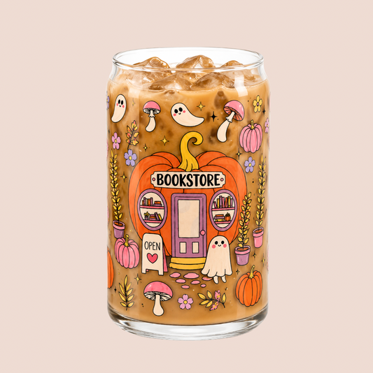 Pumpkin Bookstore Autumn Iced Coffee Glass 16oz