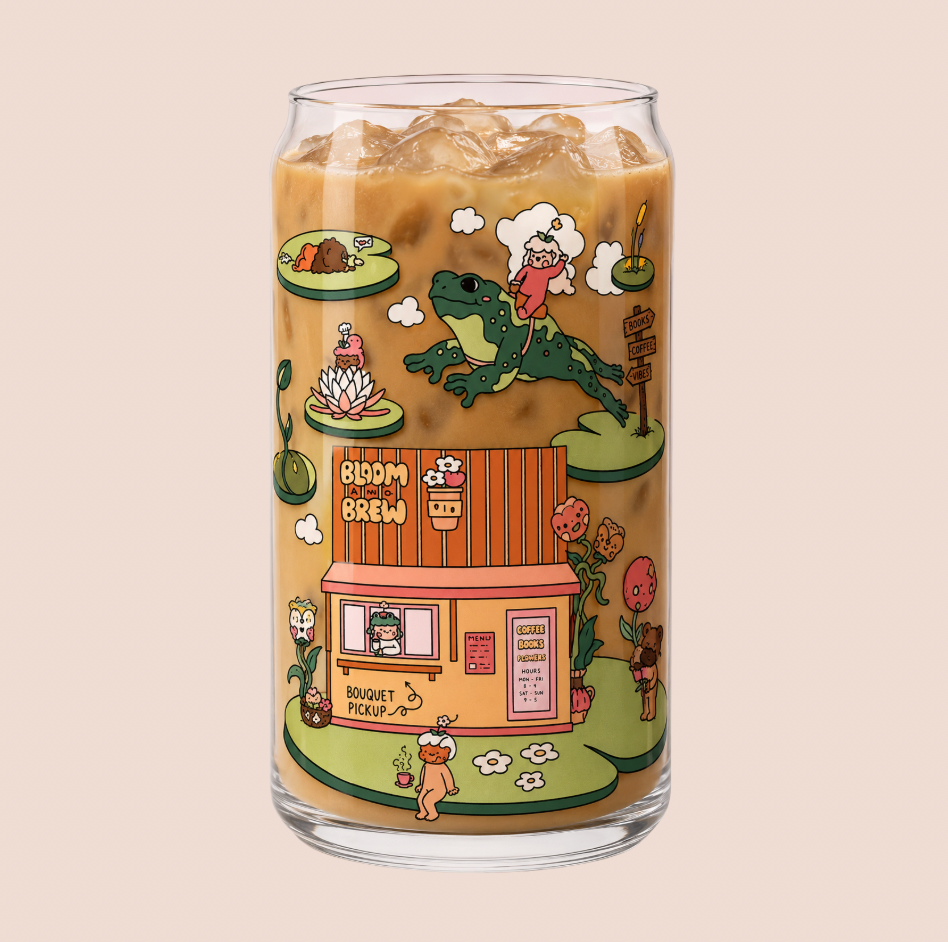 Bloom & Brew Cute Whimsy Cafe Iced Coffee Glass 20oz