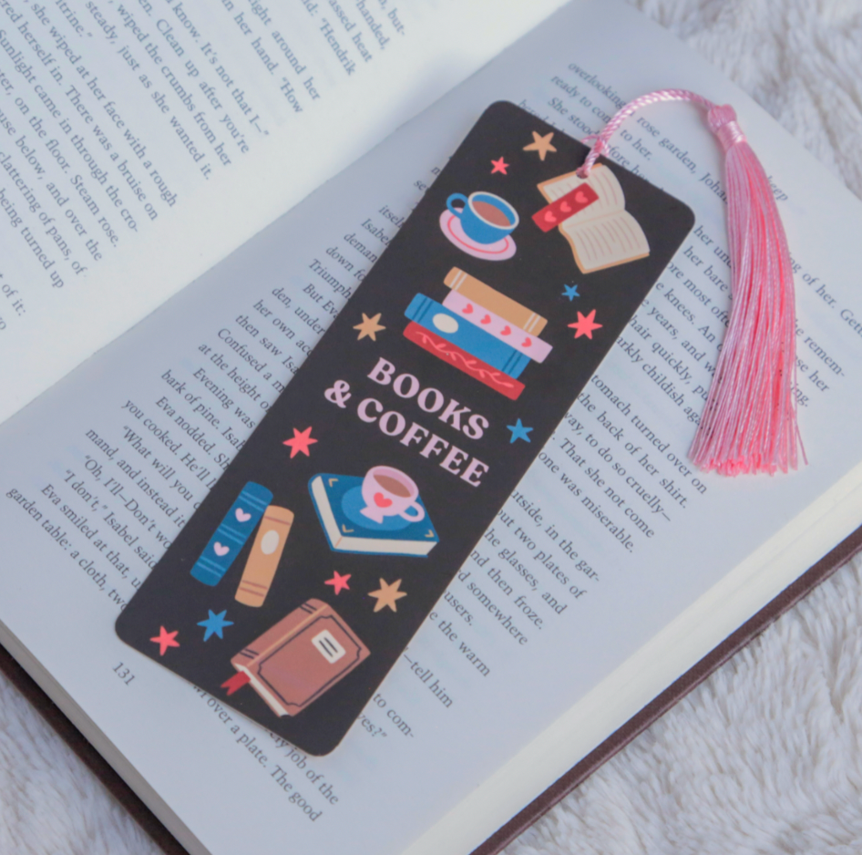 'Books & Coffee' Illustrated Tassel Bookmark