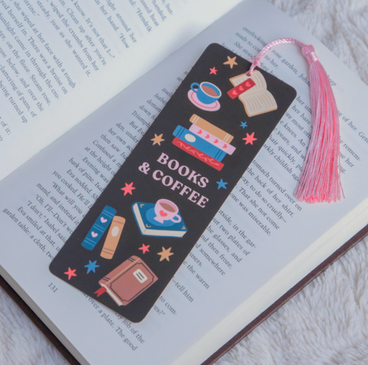 'Books & Coffee' Illustrated Tassel Bookmark