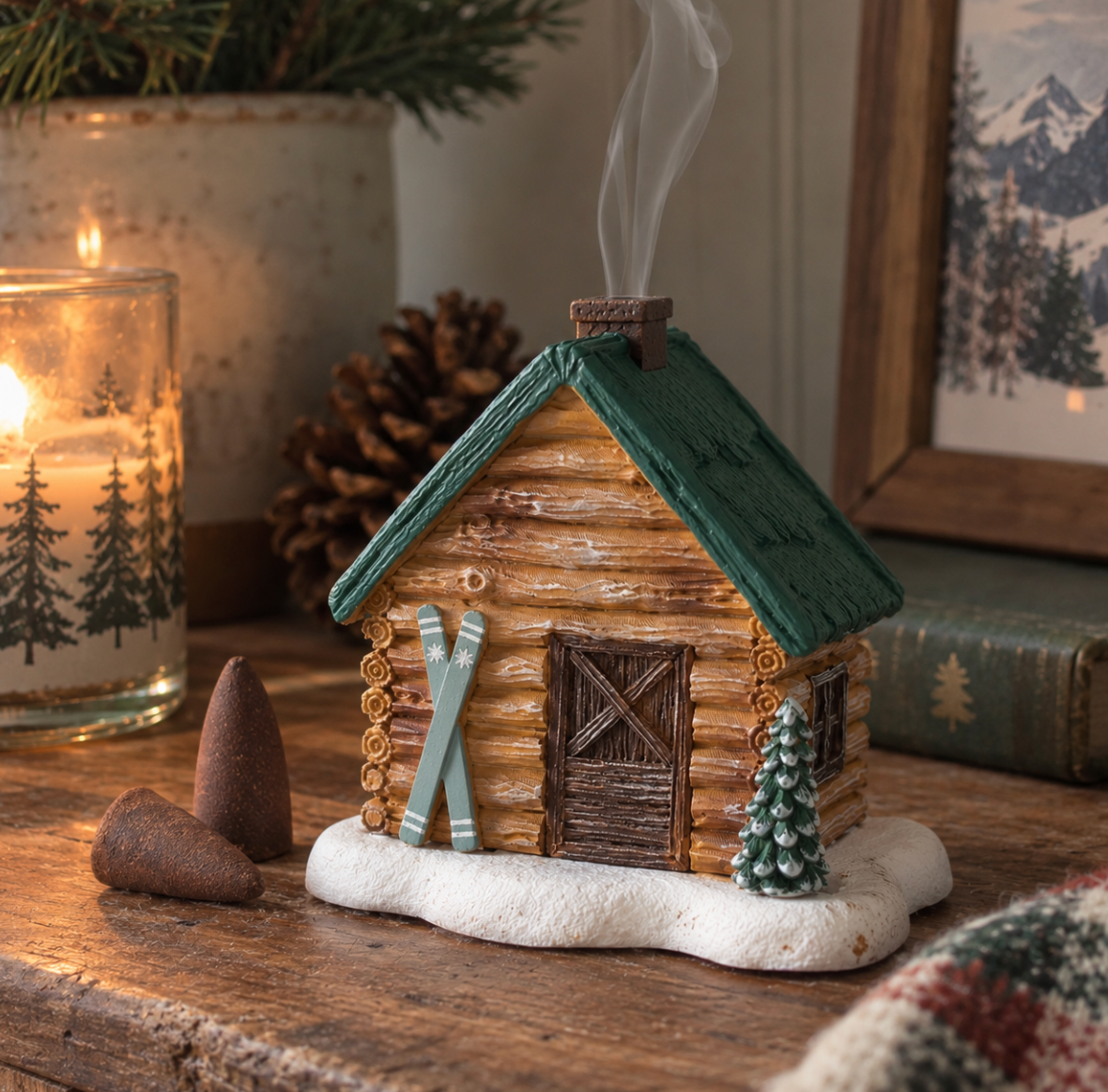 Winter Log Cabin House Incense Burner / Cone Holder