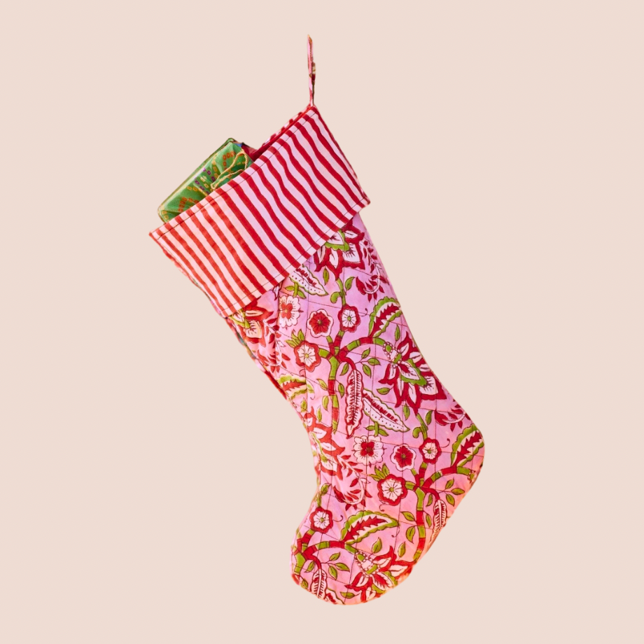 Floral + Stripe Handmade Cotton Christmas Stocking