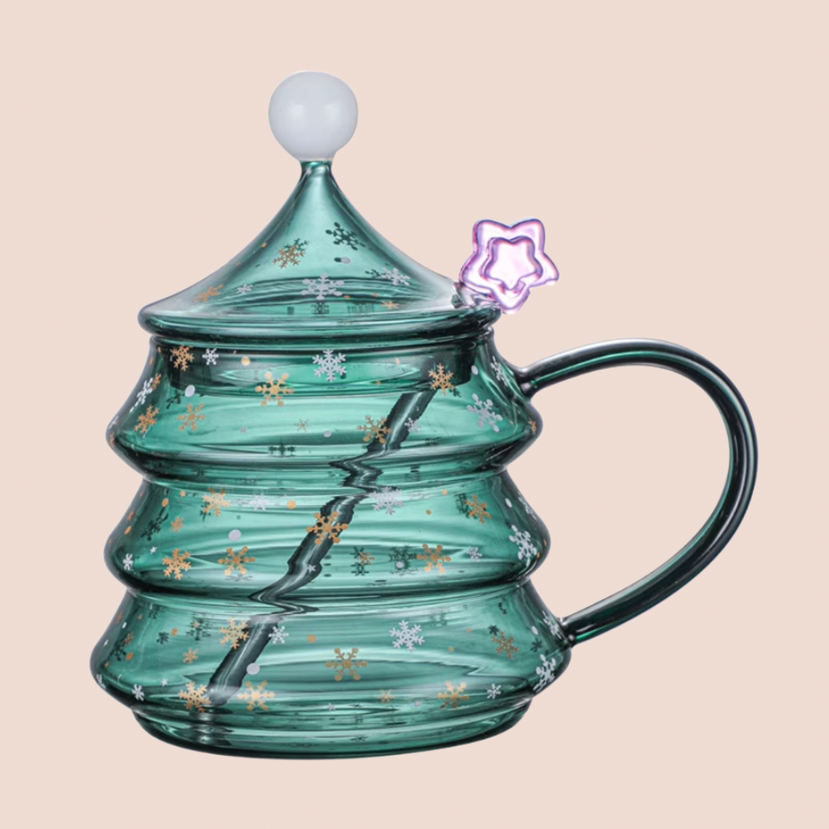 Christmas Tree Glass Mug With Lid & Stirrer 13oz
