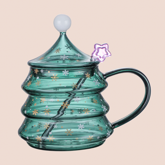 Christmas Tree Glass Mug With Lid & Stirrer 13oz